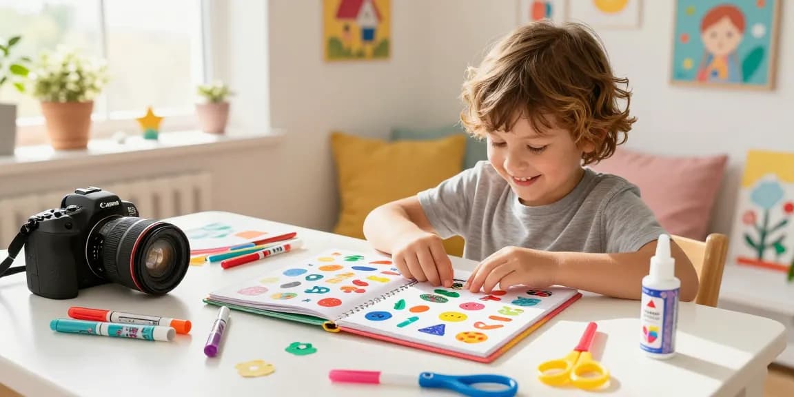 Child creating art with a reusable sticker book, surrounded by craft supplies in a sunny playroom.
