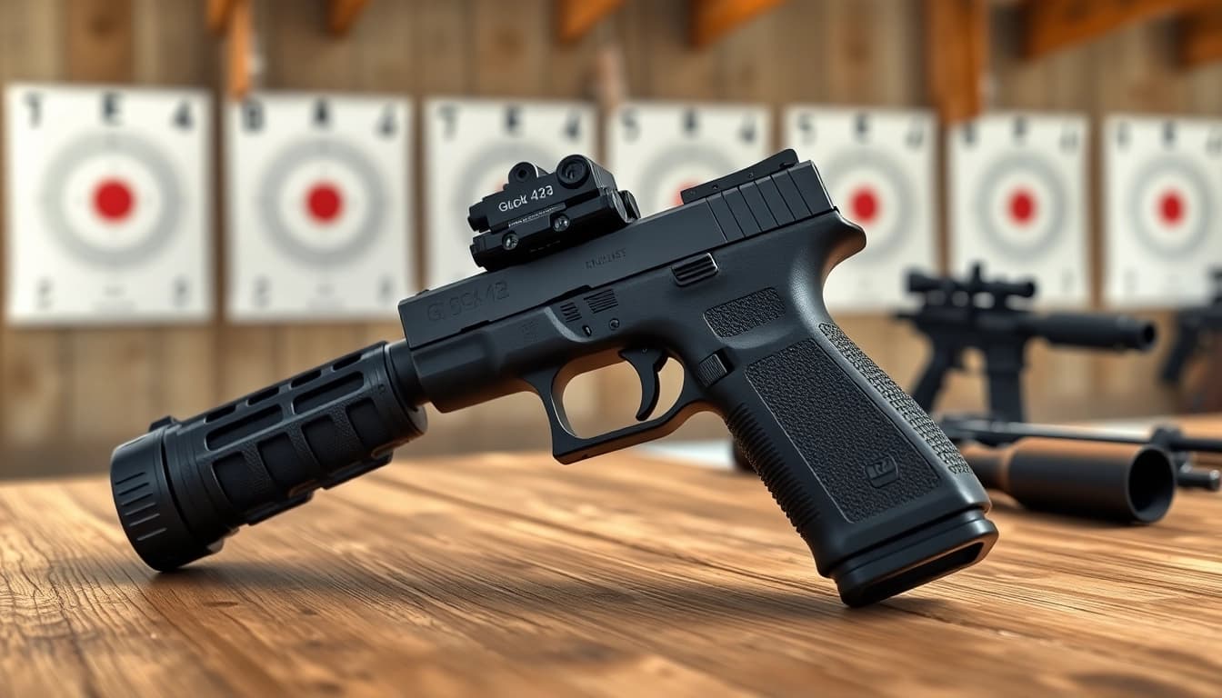 Glock 43X MOS pistol displayed on a shooting range table showcasing its design and features.