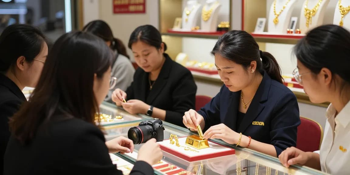 Customers engaging in gold transactions at a jewelry store featuring mantra88 gold pieces.