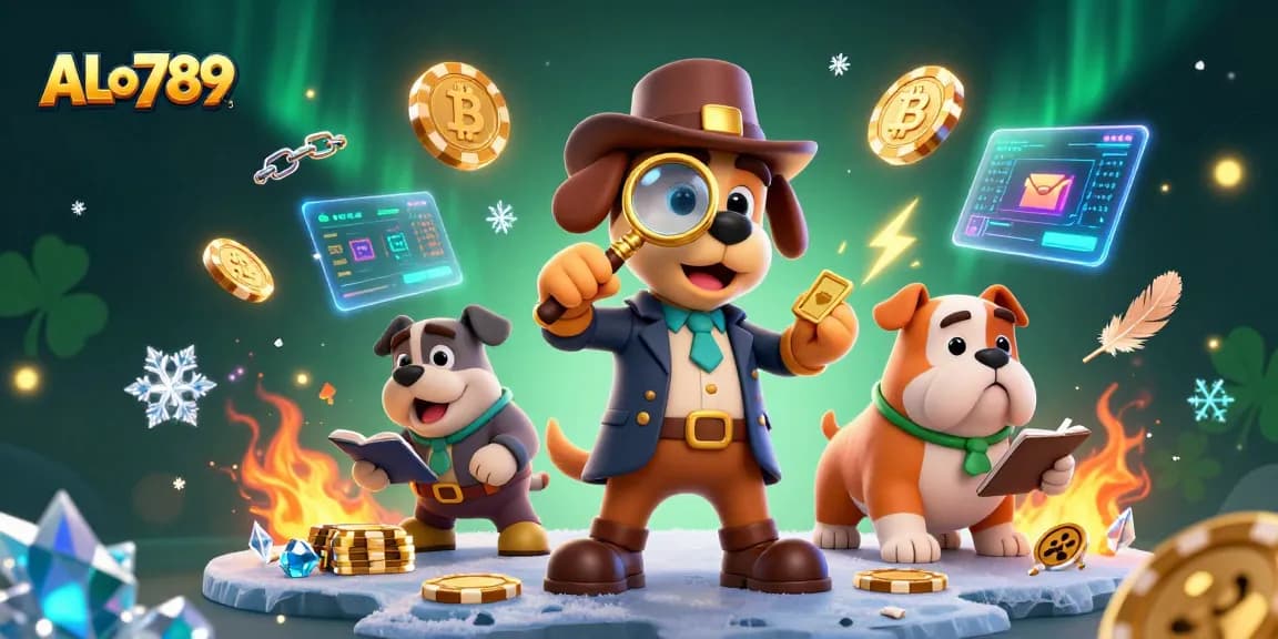 Experience ALo789's exciting cockfighting action with golden poker chip clues and vibrant crypto-themed elements.