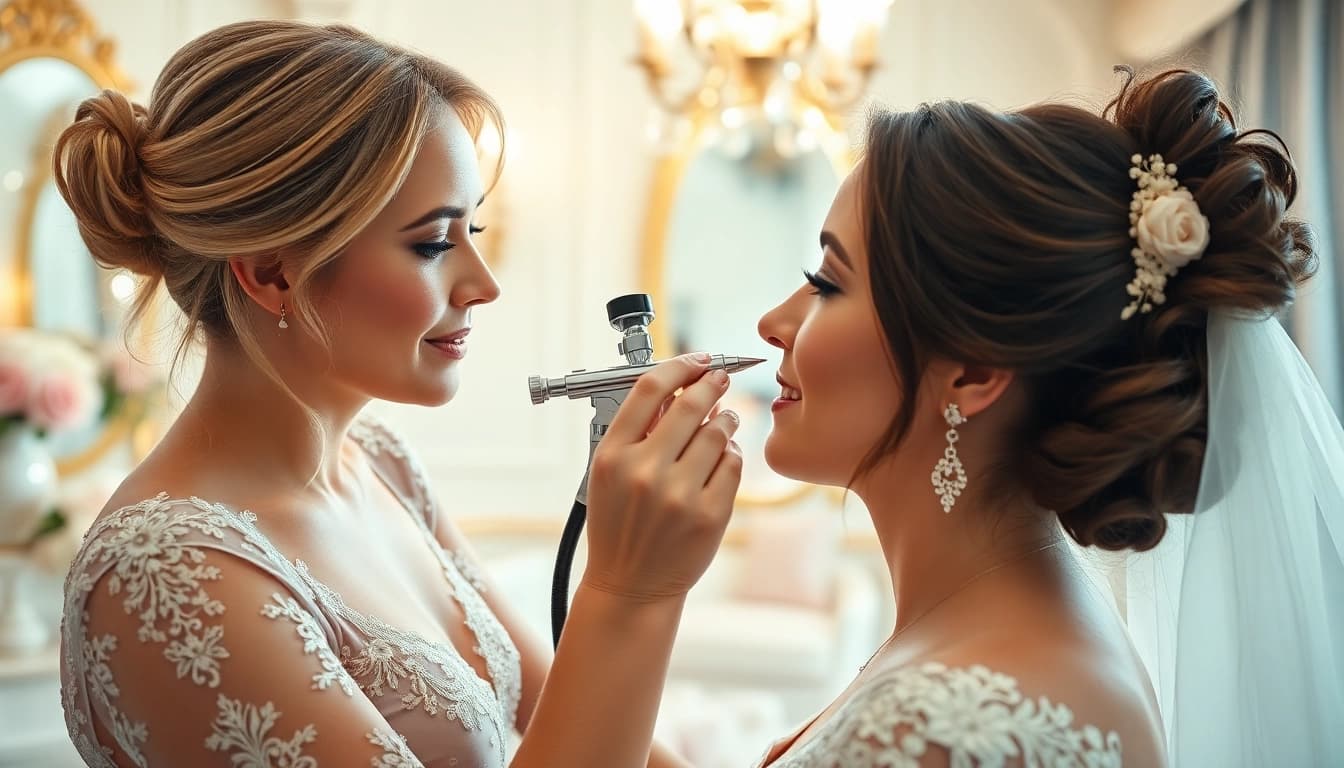Applying wedding airbrush makeup Dallas to a bride in a beautifully decorated suite.