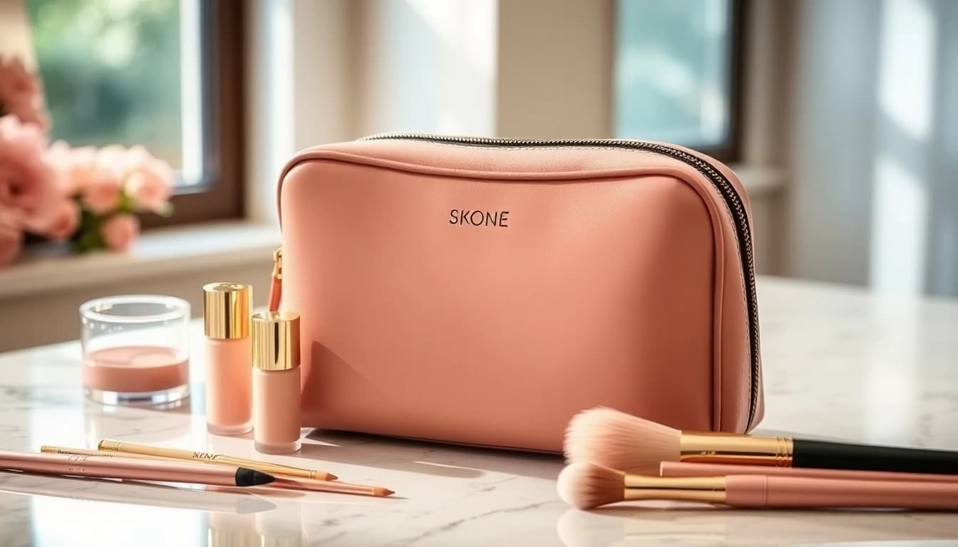 Showcasing the stylish skone cosmetics signature makeup bag surrounded by pastel makeup essentials.