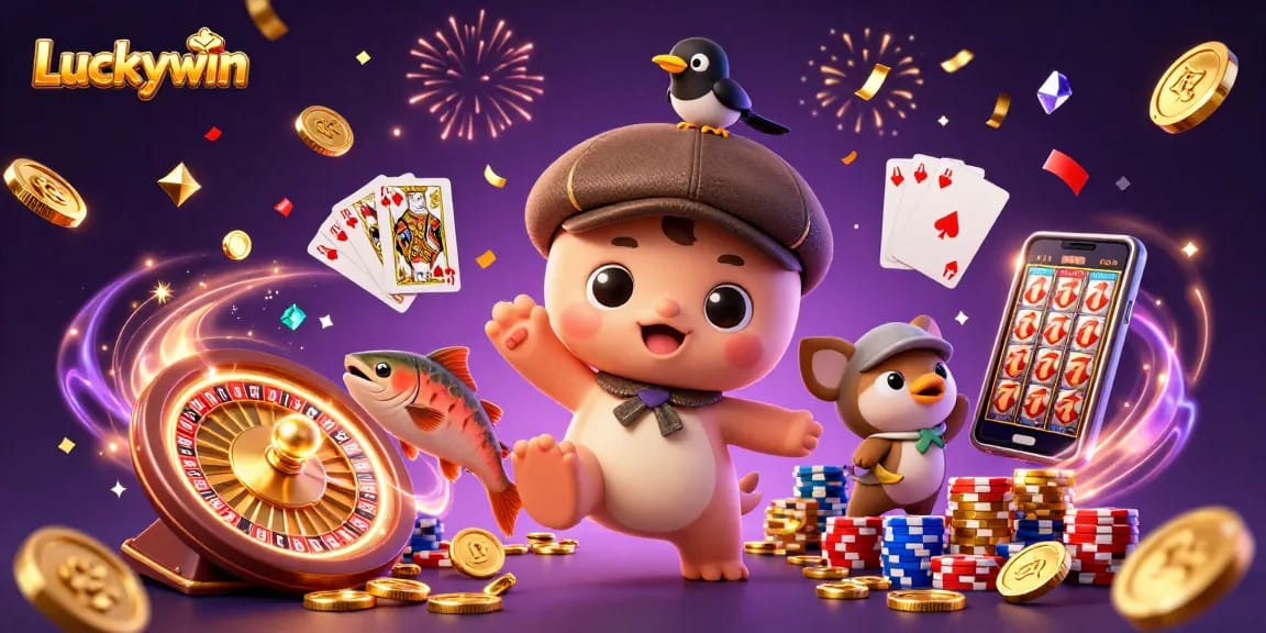 Luckywin showcases a vibrant casino scene with Nessie and friends amidst sparkling gems and golden coins.