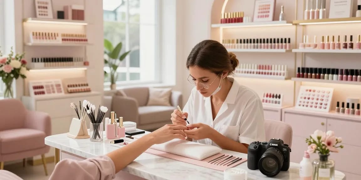 LUXURY12: Salon mewah dengan teknisi kecantikan sedang mengaplikasikan cat kuku gel di lingkungan yang elegan.