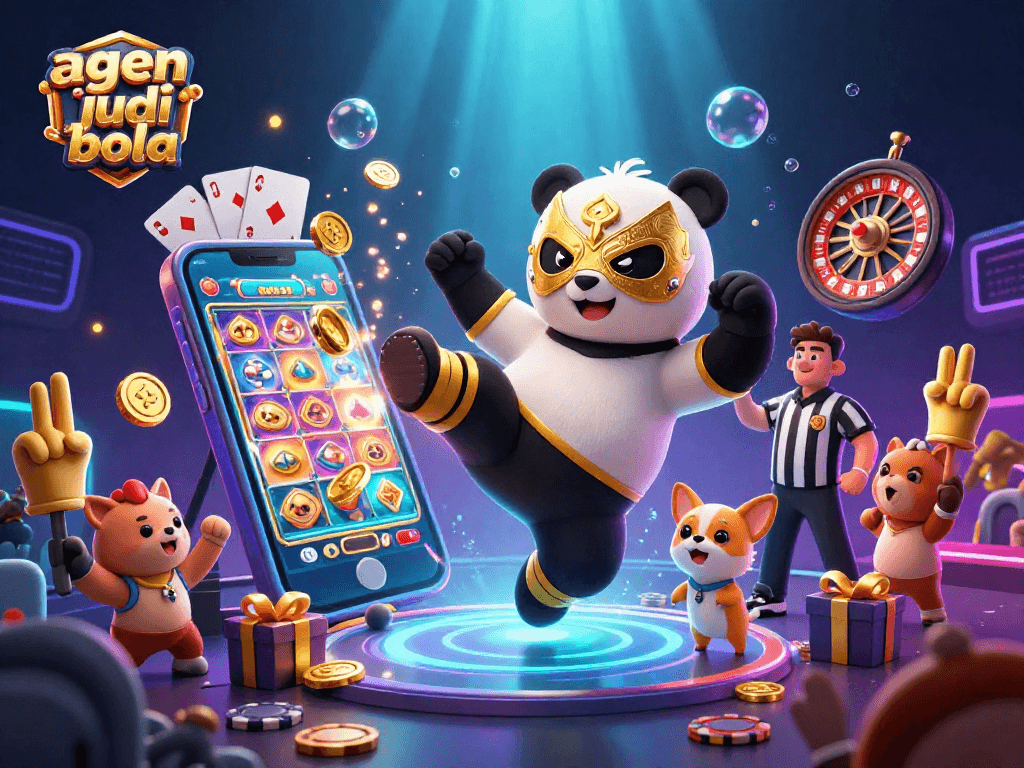 Experience thrilling agen judi bola action in a vibrant 3D illustration with panda and chihuahua characters.