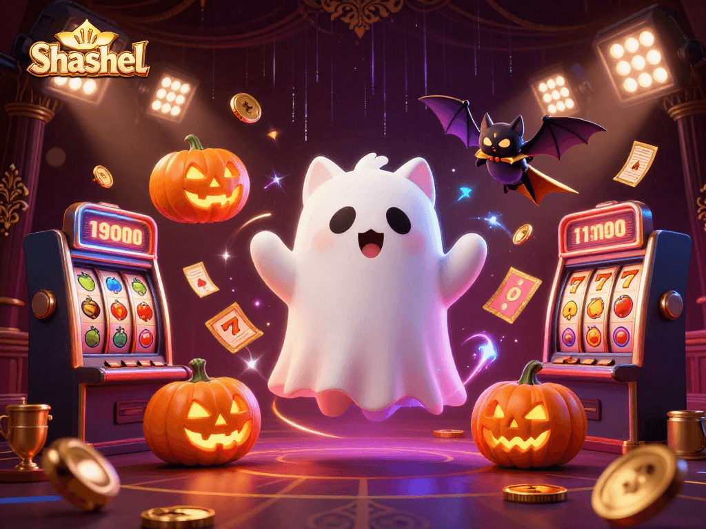 Engage in thrilling gameplay featuring Shashel with a ghost cat, bat companion, and slot machine elements.