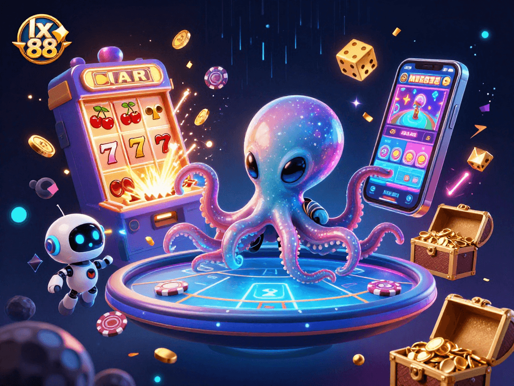 Engage with lx 88's dynamic casino experience featuring an alien octopus at a holographic poker table.
