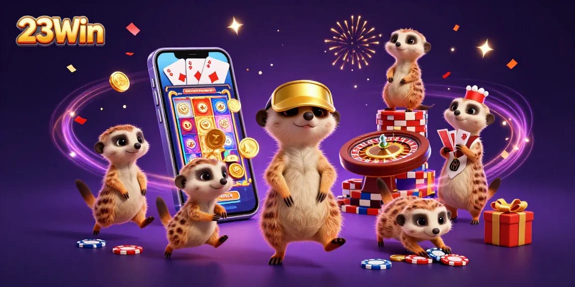 Experience the dynamic thrill of 23Win as meerkats operate a lively casino scene full of games and excitement.