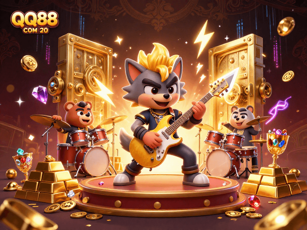 Experience the thrilling energy of QQ88 COM 20 as cartoon characters rock the casino stage!