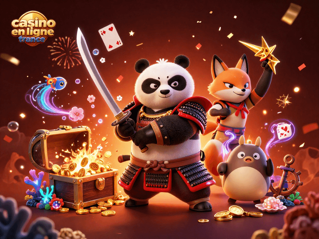 Jouez comme un pro dans un casino en ligne France avec l'interaction d'un panda samouraï et un renard ninja.