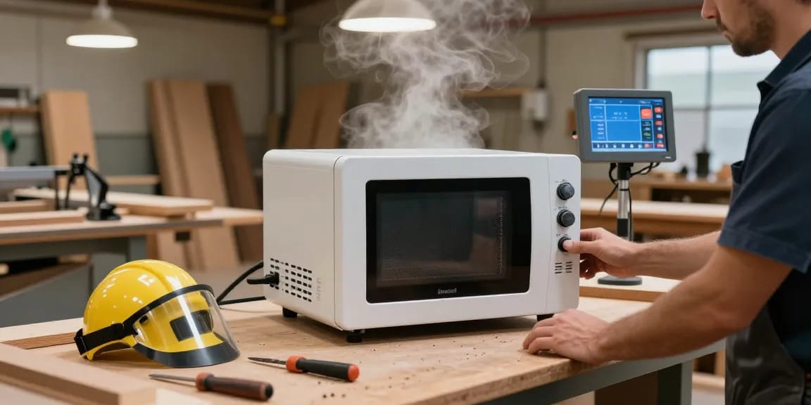 Shashel microwave pest elimination technology in a woodworking workshop, demonstrating efficiency and quality.