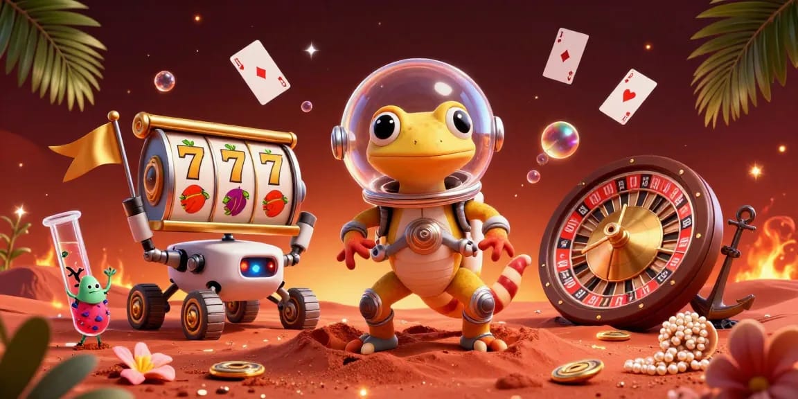 Join the excitement at aus96 as the Martian gecko discovers a golden casino filled with slot reels and roulette!
