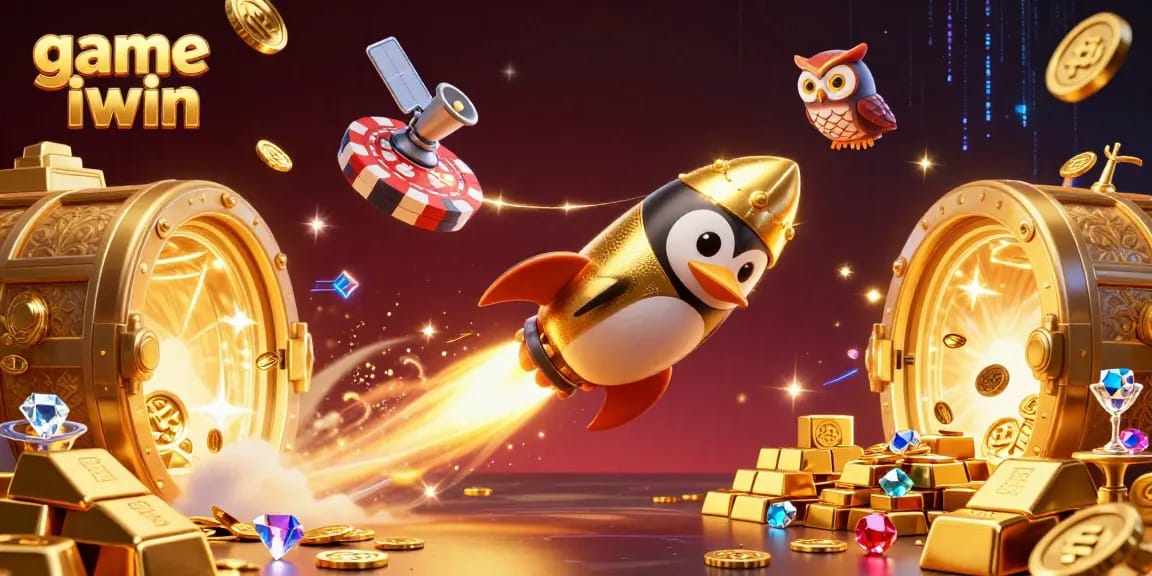 Play game iwin in a dynamic scene with a golden penguin and casino elements for a thrilling experience.