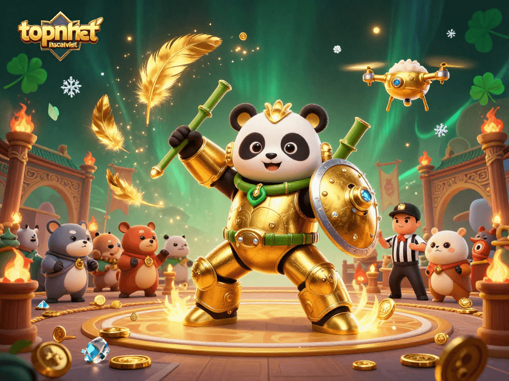 Engage with topnhacaiviet's thrilling casino experience featuring a mech-suit panda and dynamic gambling elements.