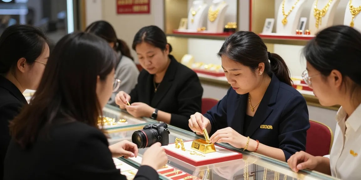 Customers engaging in gold transactions at a jewelry store featuring mantra88 gold pieces.