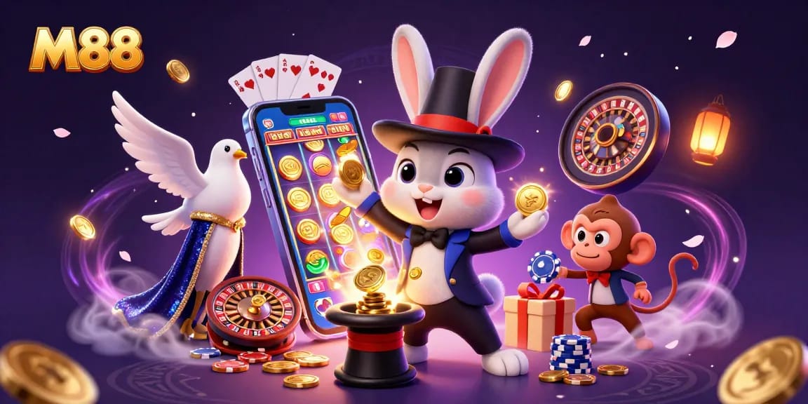 M88 reveals thrilling casino magic as a cartoon rabbit conjures coins, enhancing the gambling experience.