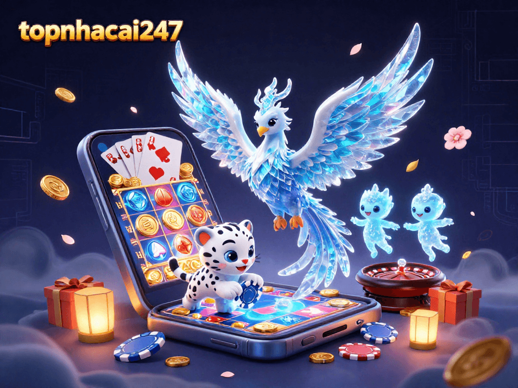 Experience thrilling gameplay at topnhacai247 with a vibrant casino-themed scene showcasing ice phoenix and gaming elements.