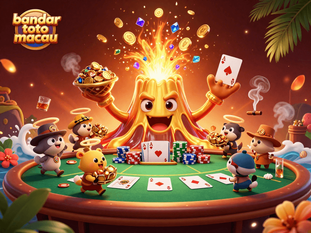 Discover the excitement of bandar toto macau with vibrant casino visuals featuring a golden volcano and poker chips.