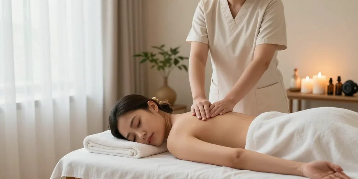 마사지 치료 중인 고객과 전문 테라피스트의 편안한 스파 환경