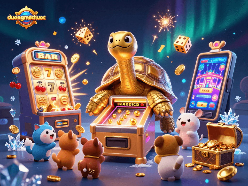 Engage in duongmatchuoc with a thrilling golden tortoise pinball game surrounded by vibrant gaming elements.