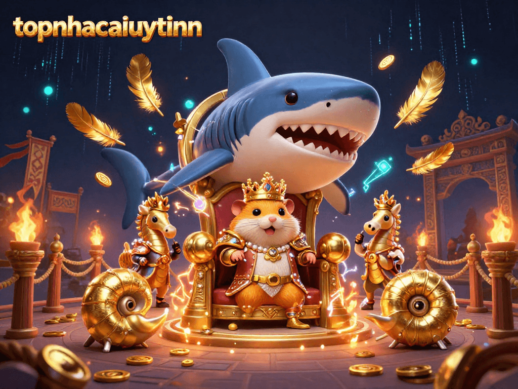 Engage in exciting gameplay at topnhacaiuytinn with the fierce golden hamster king amidst a vibrant casino arena.