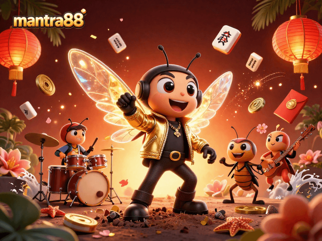 Experience the excitement of mantra88 with a vibrant 3D illustration of a rock star cicada at a casino.