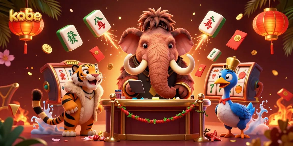 Kobe casino scene with a mammoth bouncer, tiger guest, and a dodo doorman amidst vibrant elements.