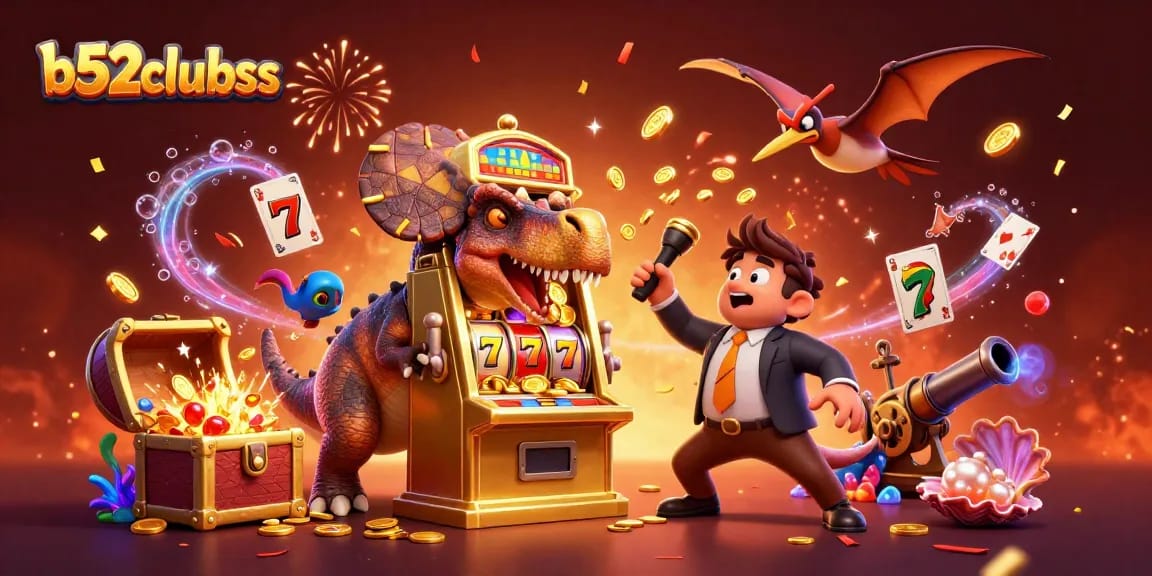 Experience thrilling wins at b52clubss through a whimsical scene of dinosaurs interacting with a golden slot machine.