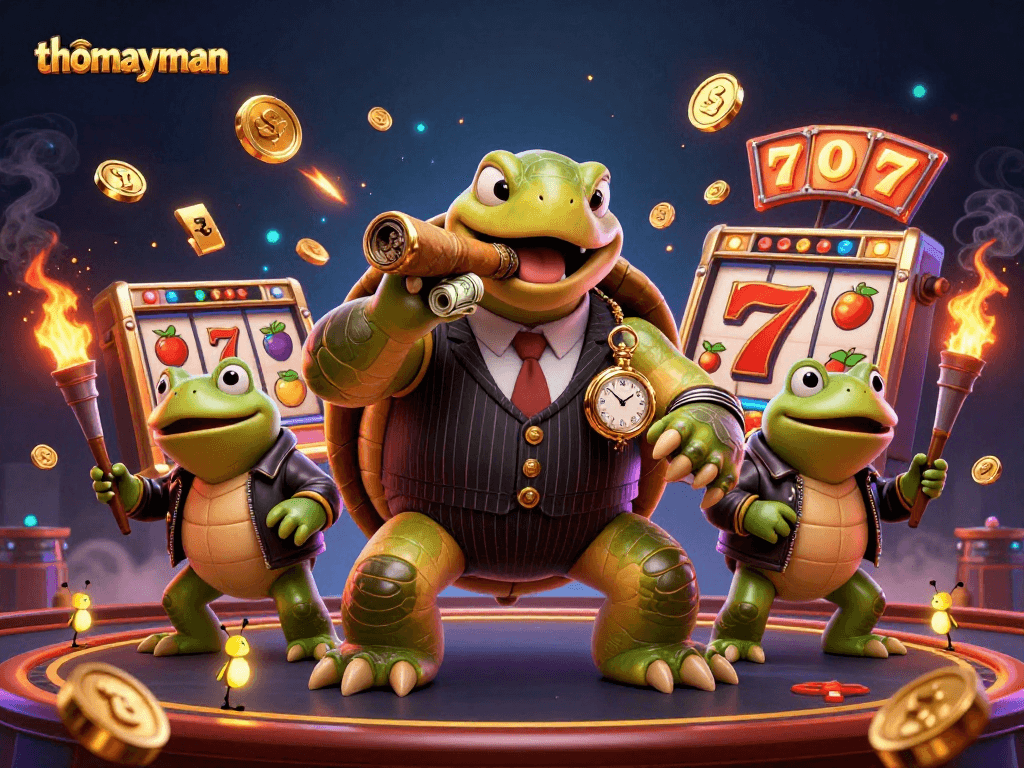 Spin the reels with thomayman in this vibrant 3D illustration featuring a lucky turtle and bullfrogs.