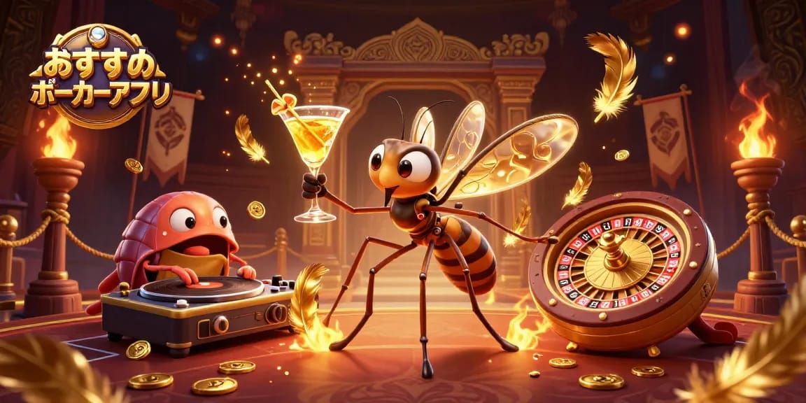 おすすめポーカーアプリを楽しむ、カジノのキャラクターが描かれた華やかなイラスト。