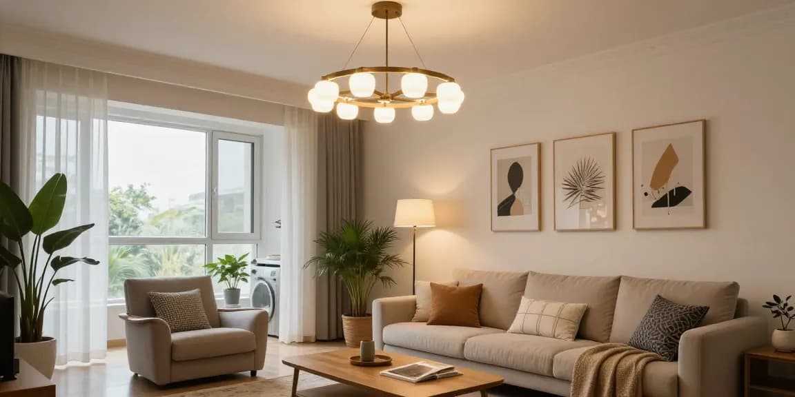 Lustra living elegantă într-un living modern, lumină naturală și decor contemporan.