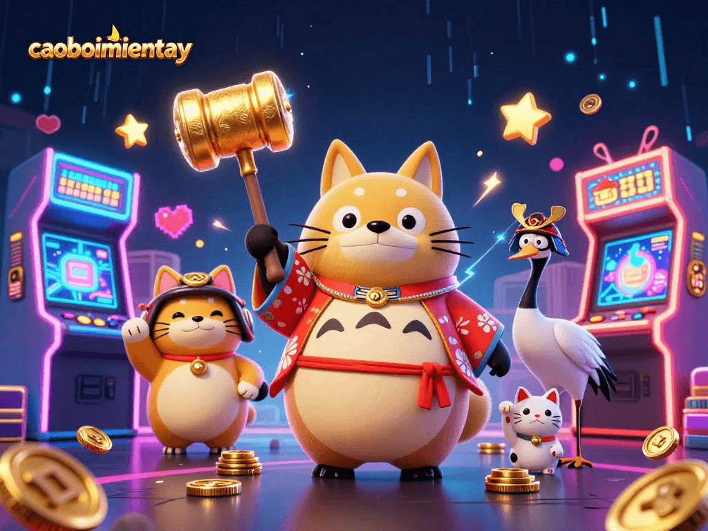 Play exciting caoboimientay games with cheerful characters, winning golden mallets, and vibrant casino elements.