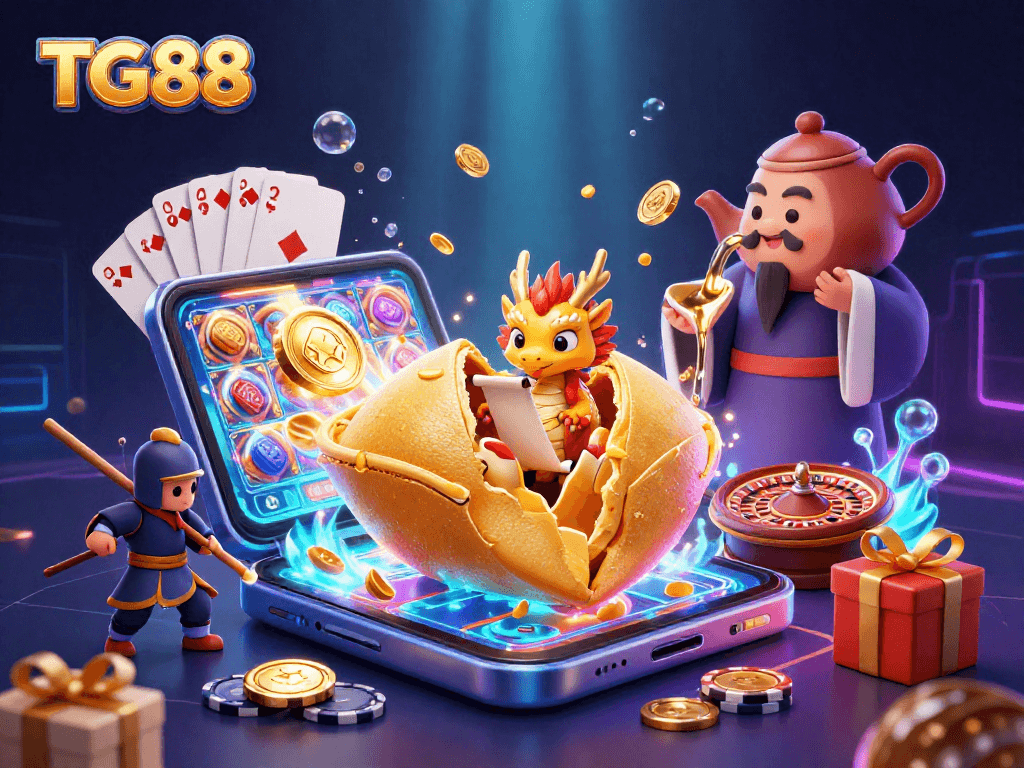 Spin to win at TG88 with a vibrant 3D casino scene featuring a fortune cookie and dragon.