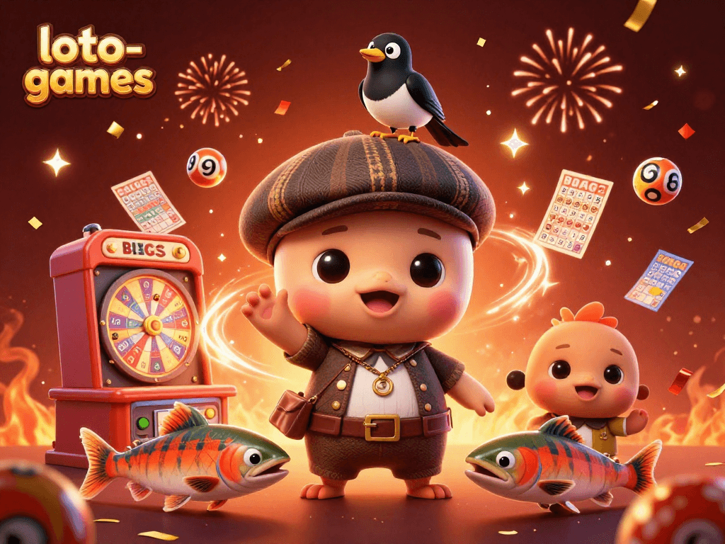 Experience excitement at loto-games with a colorful lottery scene featuring playful characters and engaging gaming elements.