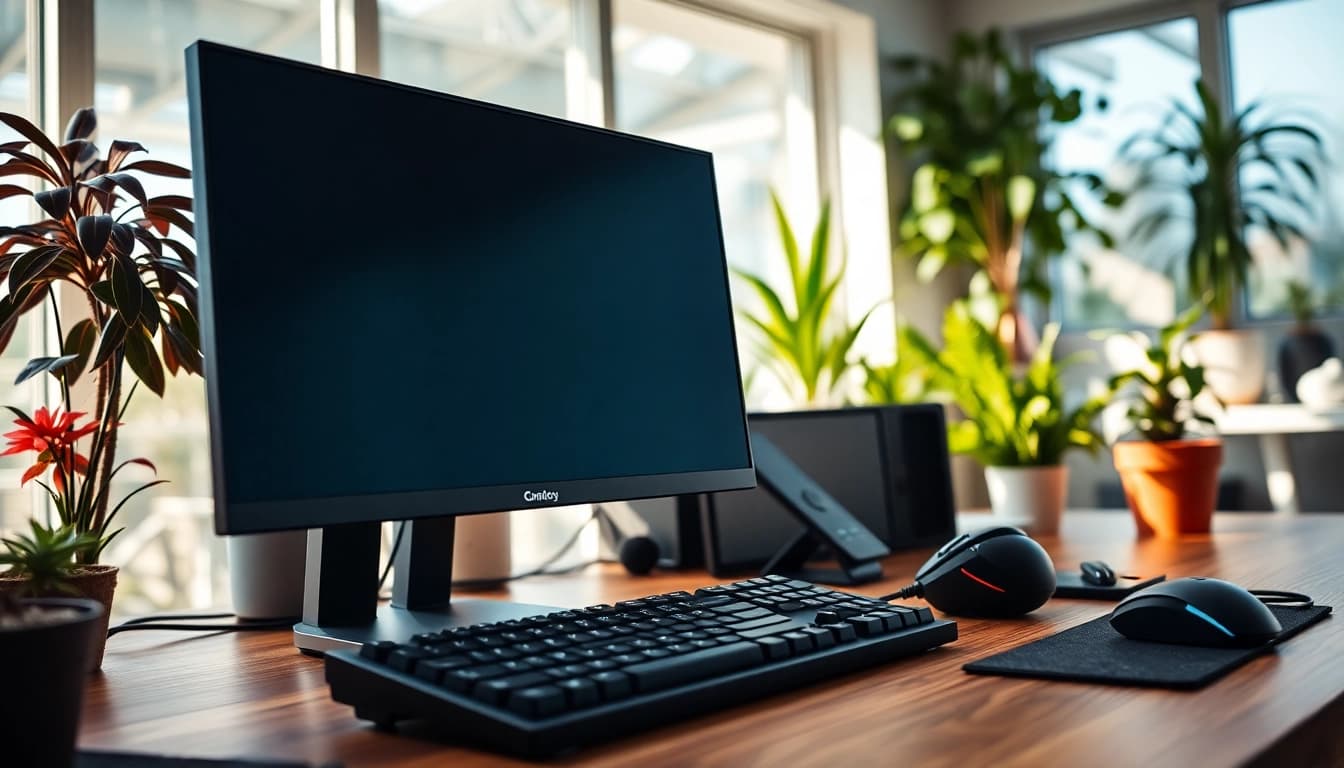 Σύνθεση μοντέρνου pc σε επαγγελματικό γραφείο με κομψά αξεσουάρ