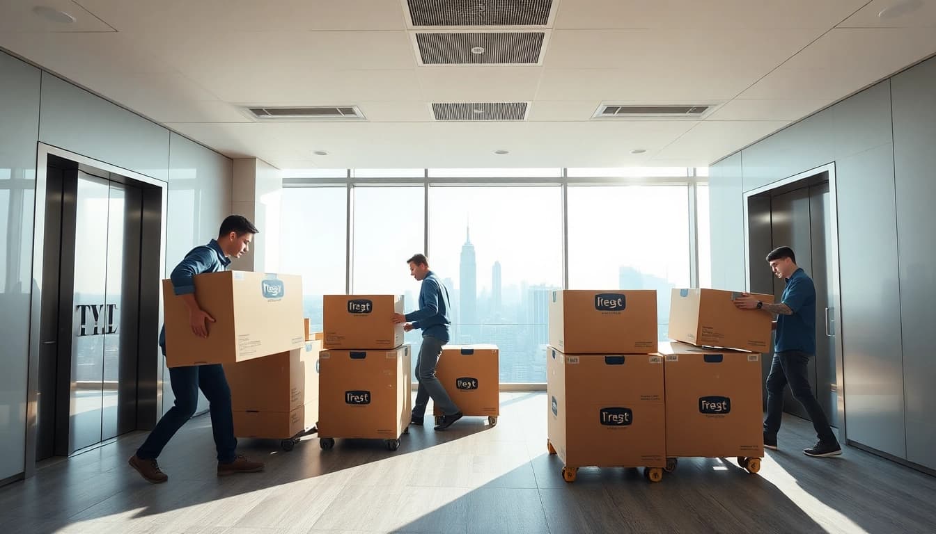 Movers providing Commercial Moving Services NYC, showing professional teamwork and organization in a modern office.