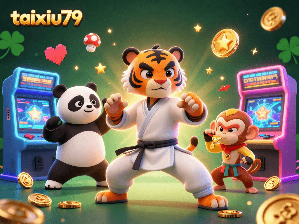 Engage with taixiu79 as a kung fu tiger and friends celebrate vibrant moments in a lively casino atmosphere.