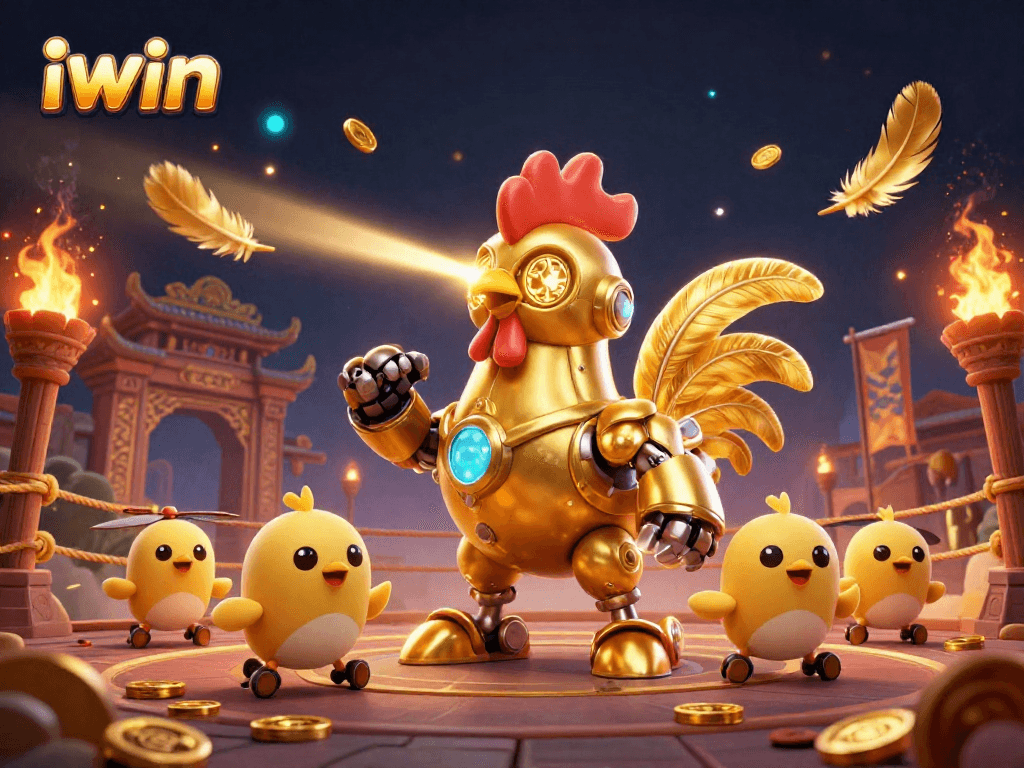 Engage in thrilling battles with iwin's golden rooster robot amidst dazzling casino action.