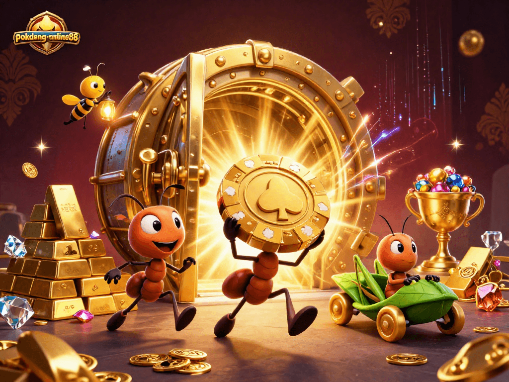 Experience the thrill of Pok Deng with animated ants heist and golden poker chips, showcasing pokdeng-online88.