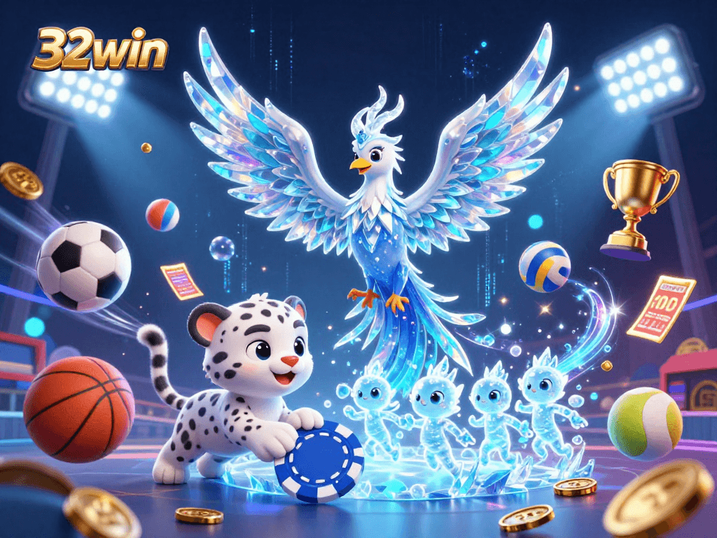 Players enjoy dynamic sports betting with 32win's vibrant 3D illustration featuring an ice phoenix and sports elements.