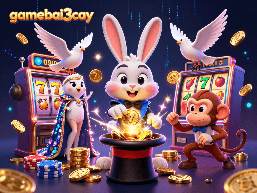 Experience excitement at gamebai3cay with a magician rabbit showcasing casino thrills and treasures.