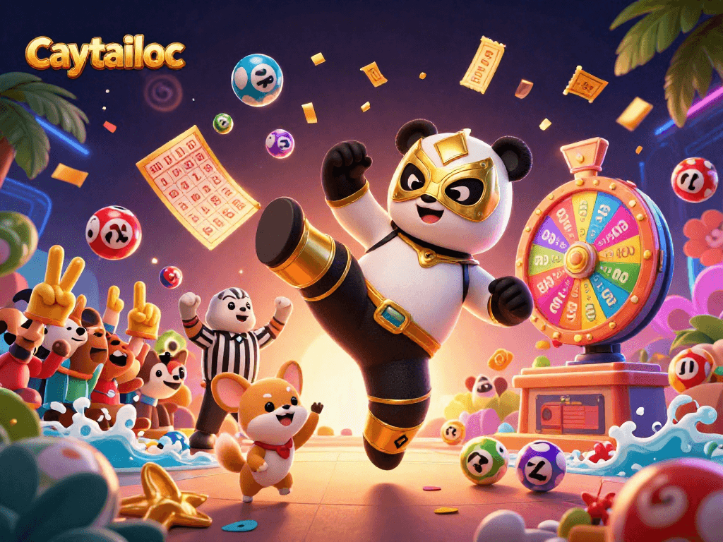 Experience excitement with caytailoc as a panda wrestler kicks while animals cheer around dynamic game elements.