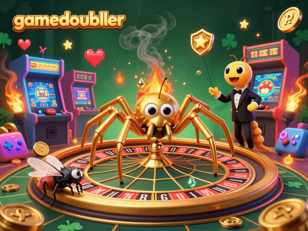 Experience thrilling gameplay with gamedoubler featuring a vibrant casino scene with a golden spider and dynamic arcade elements.