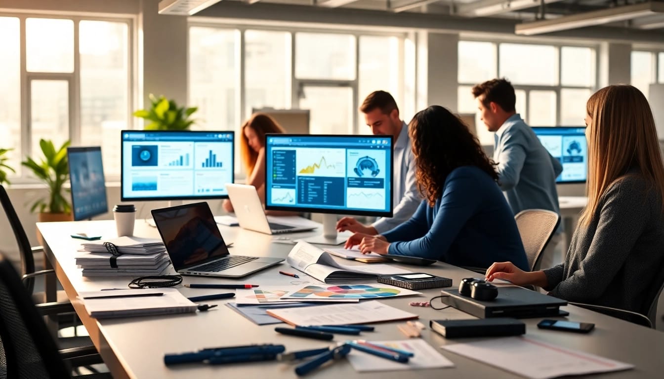 Showcase of Shopify website development services with a diverse team of developers collaborating in a professional workspace.