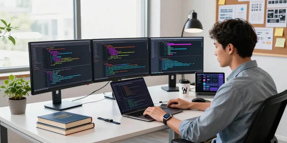 Explore https://www.bdtjl.app/ in a modern tech workspace featuring a developer coding with vibrant screens.