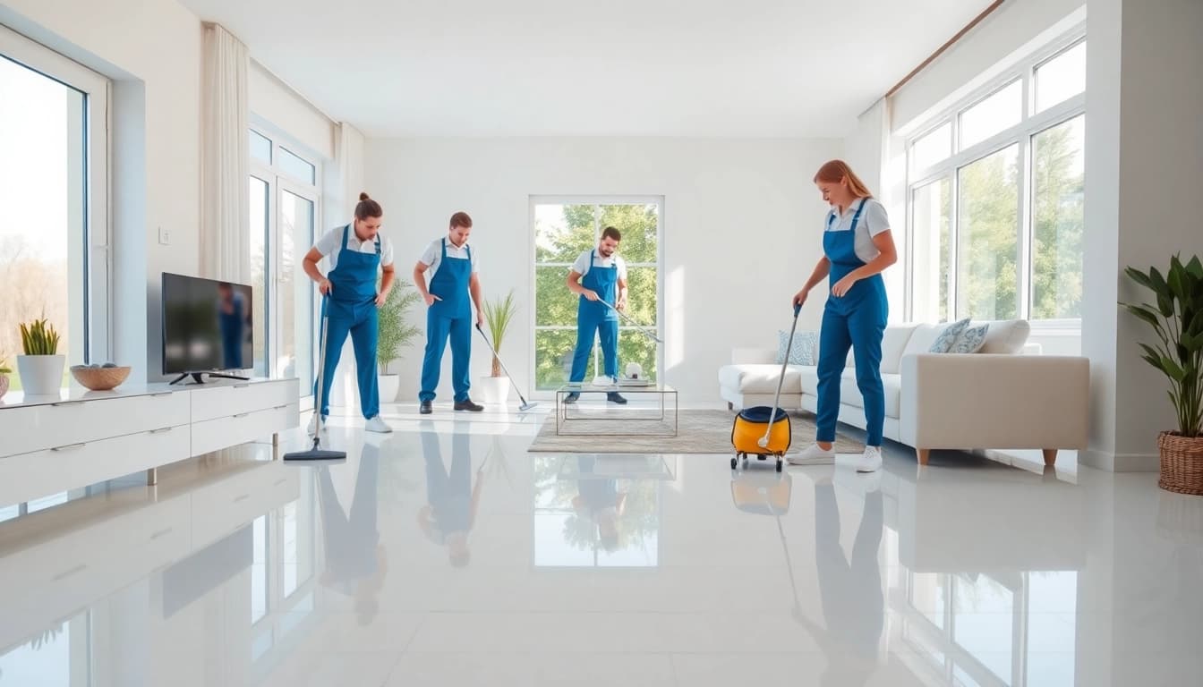 Bond cleaning Logan team efficiently cleaning a bright, modern home environment.
