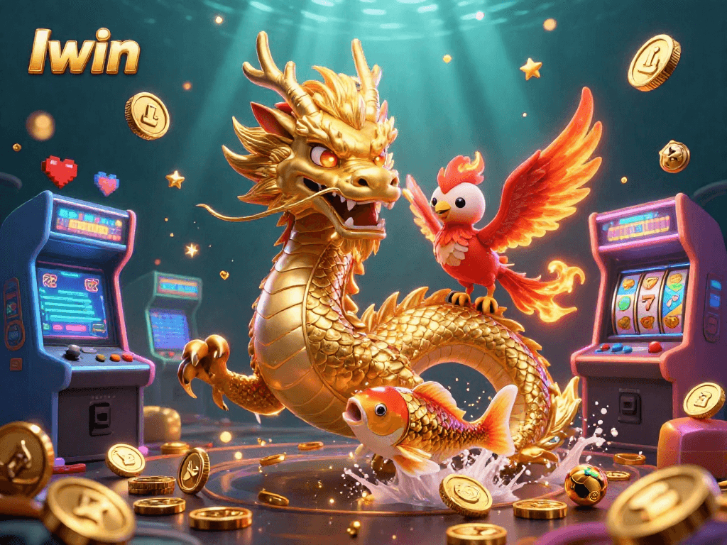 Iwin showcases a captivating scene with a golden dragon, a red phoenix, and dynamic slot elements.