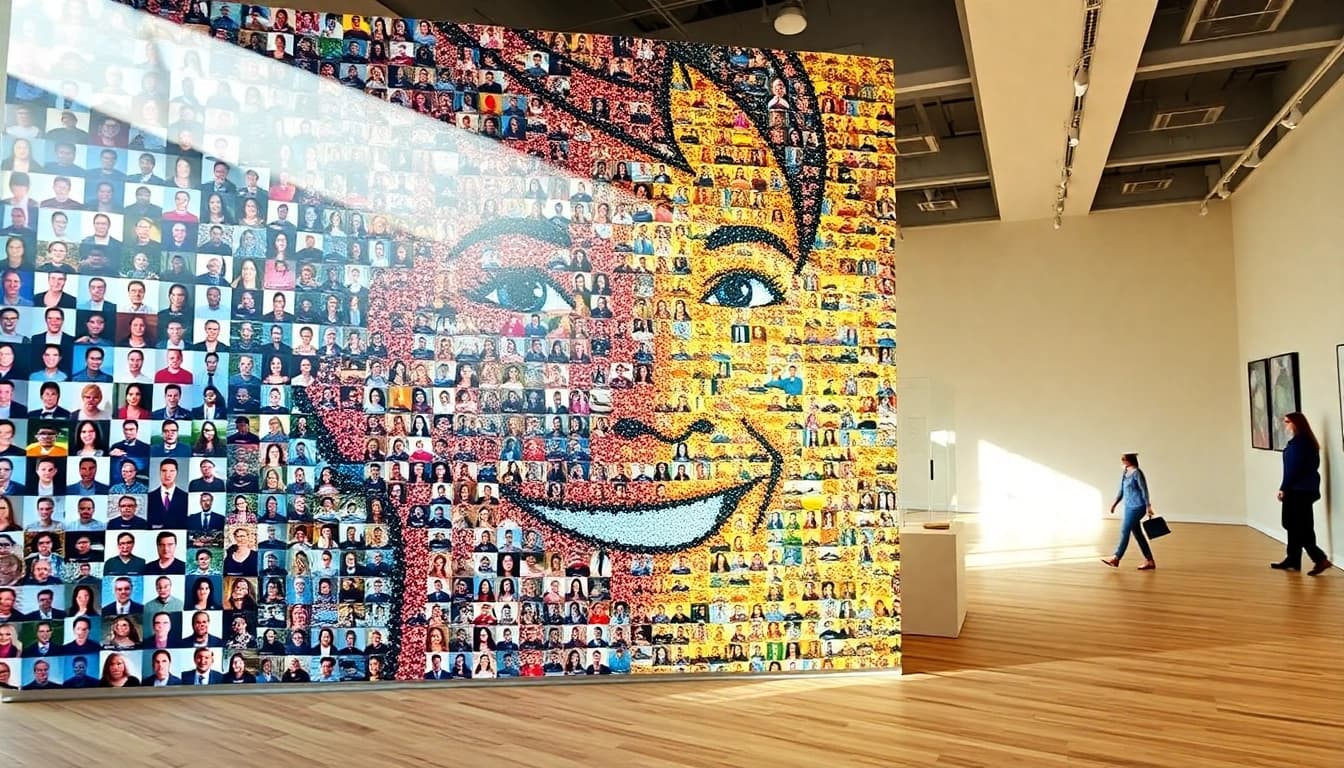 Creative selfie mosaic artwork showcasing individual portraits in a larger image.