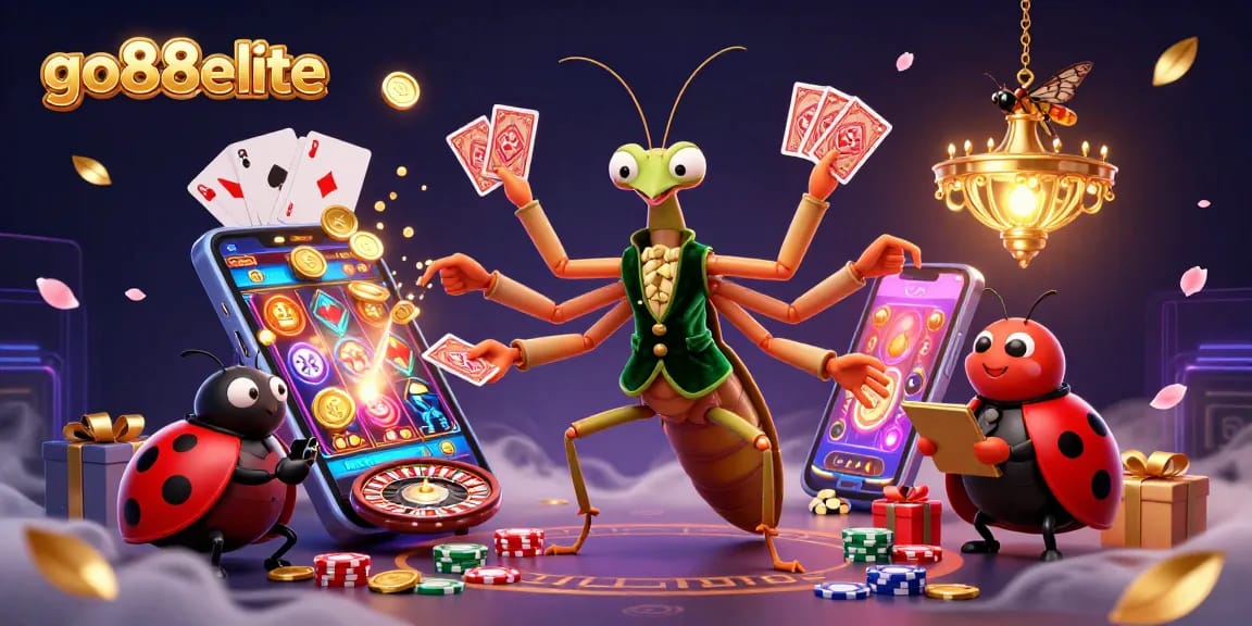 Engage with go88elite's vibrant casino experience featuring a giant praying mantis dealing cards!
