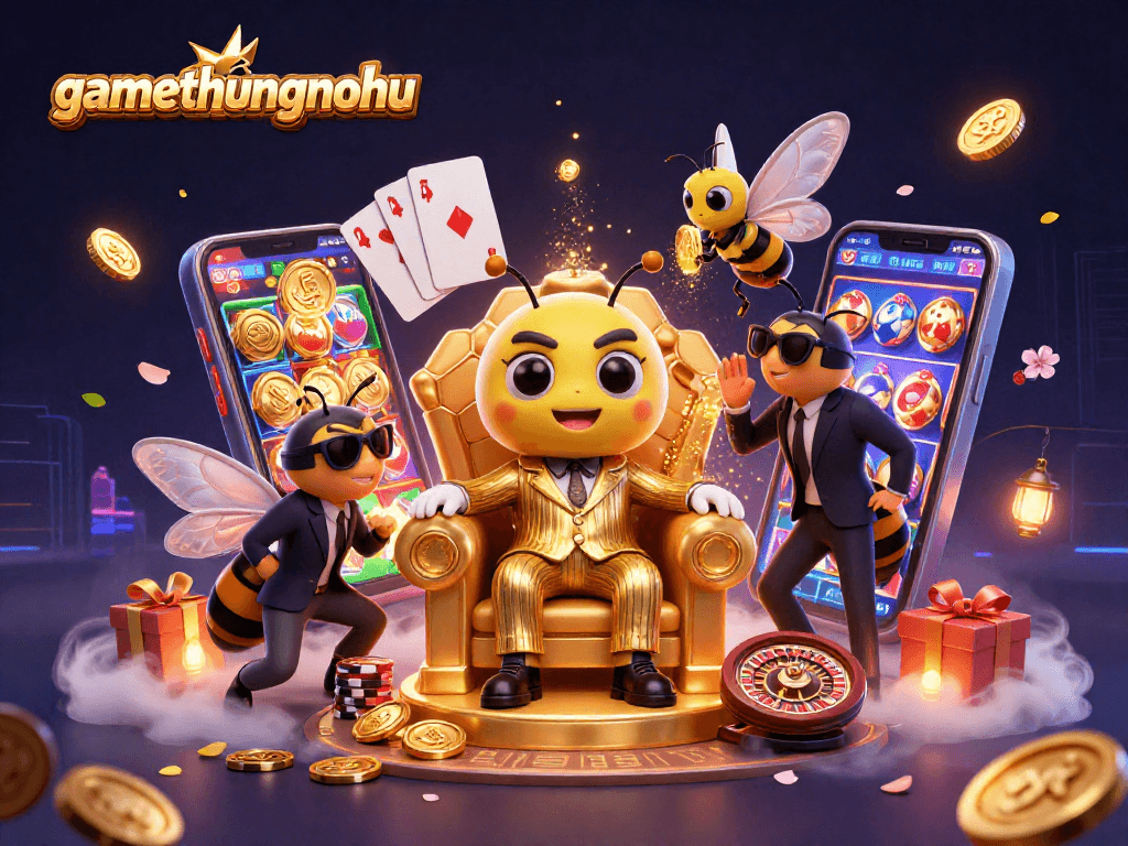 gamethuongnohu showcases a vibrant 3D casino scene with animated characters and slot elements.